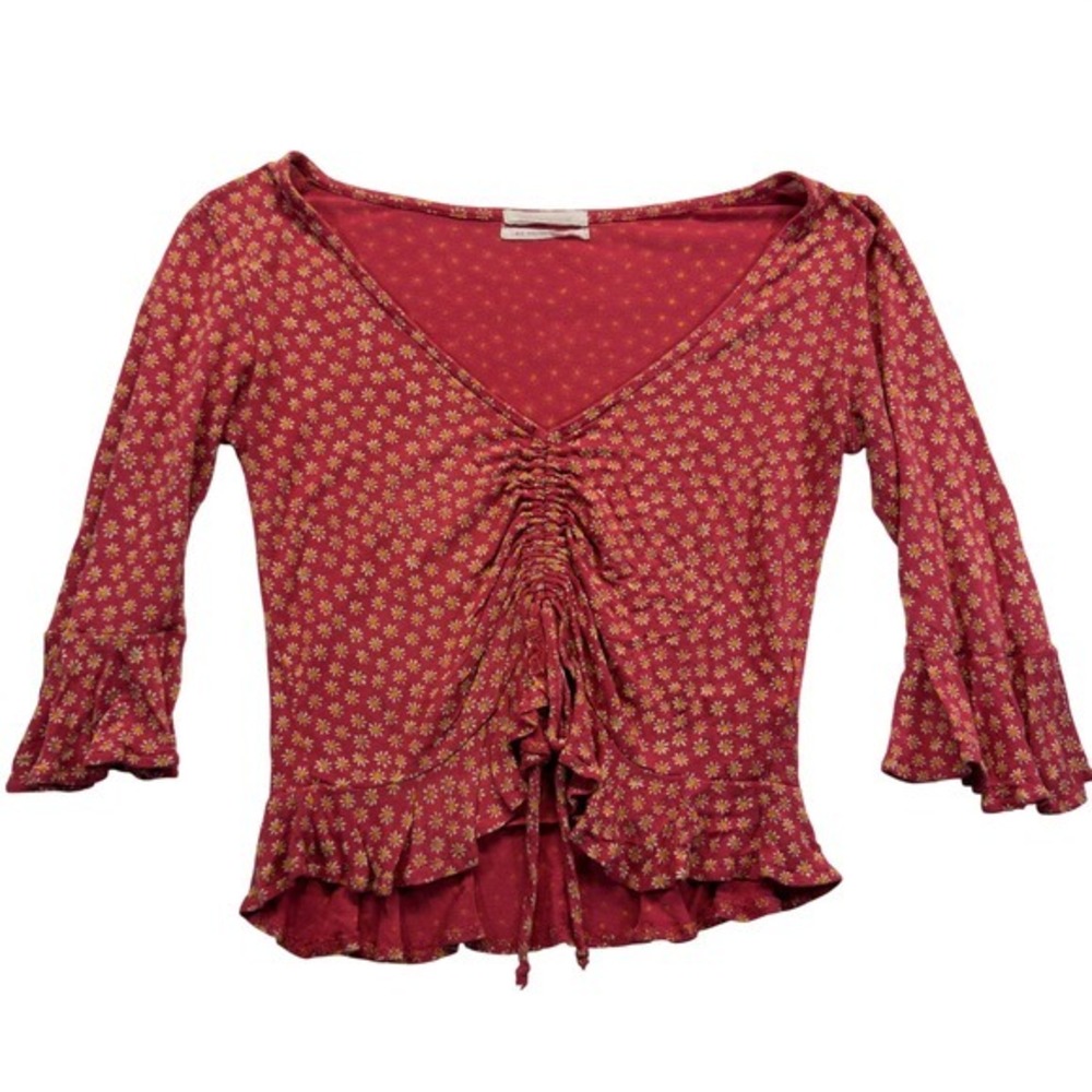 Urban‎ Outfitters Womens M Red Daisy Peplum Blouse Ruched Tie Front Y2K Crop